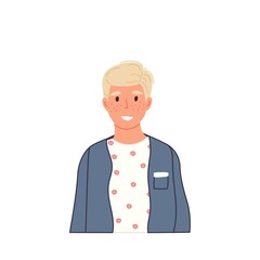 Smiling boy portrait in casual clothing in cartoon flat style. Kid avatar isolated on white. Happy teenager. Vector illustration character profile.