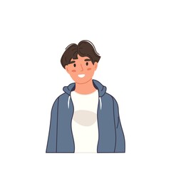 Smiling boy portrait in casual clothing in cartoon flat style. Kid avatar isolated on white. Happy teenager. Vector illustration character profile.
