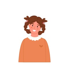 Smiling girl portrait in casual clothing in cartoon flat style. Kid avatar isolated on white. Happy teenager. Vector illustration character profile.