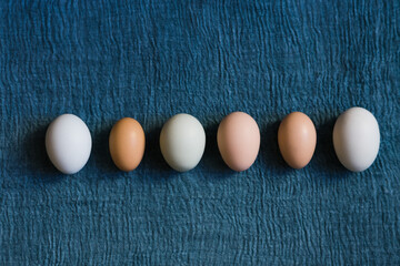 Organic chicken eggs of different calibers on blue textile background.