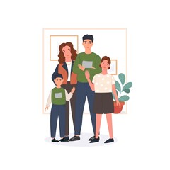 Happy family concept. Father, mother and children stay home and spend time together. Vector illustration in flat style