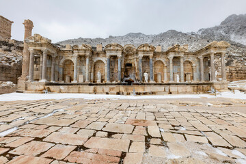 Fototapeta premium Gymnasium.Welcome to Sagalassos. Isparta, Turkey.To visit the sprawling ruins of Sagalassos, high amid the jagged peaks of Akdag, is to approach myth: the ancient ruined city set in stark.