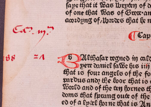An original leaf from William Caxton's 1482 first edition, Polycronicon. It is printed with red rubricated initials in a black lettre batarde type on paper.  Printed in Westminster, London.