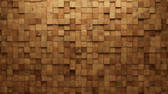 Wood Block Wall background. Mosaic Wallpaper with Light and Dark Timber Square tile pattern. 3D Render 