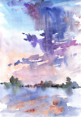 watercolor landscape morning over the river