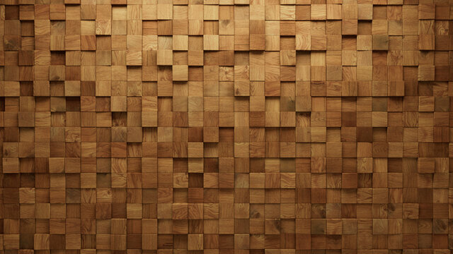 Wood Block Wall background. Mosaic Wallpaper with Light and Dark Timber Square tile pattern. 3D Render 