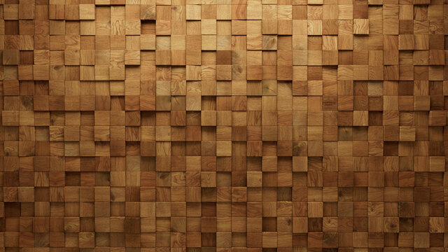 Wood Block Wall background. Mosaic Wallpaper with Light and Dark Timber Square tile pattern. 3D Render 