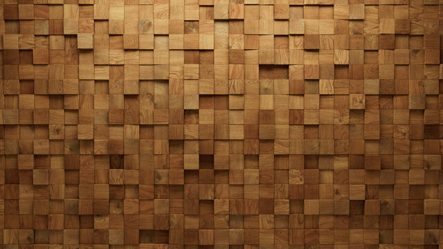 Wood Block Wall background. Mosaic Wallpaper with Light and Dark Timber Square tile pattern. 3D Render 