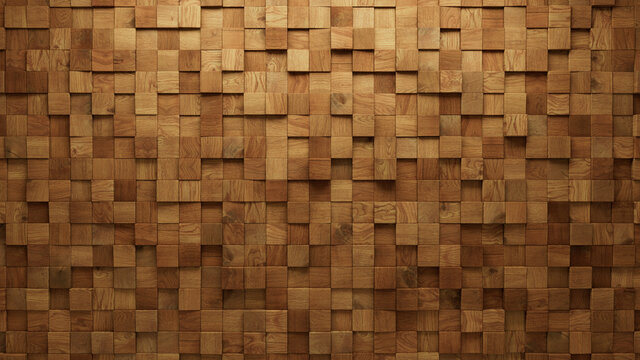 Wood Block Wall background. Mosaic Wallpaper with Light and Dark Timber Square tile pattern. 3D Render 