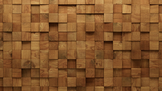 Wood Block Wall background. Mosaic Wallpaper with Light and Dark Timber Square tile pattern. 3D Render 