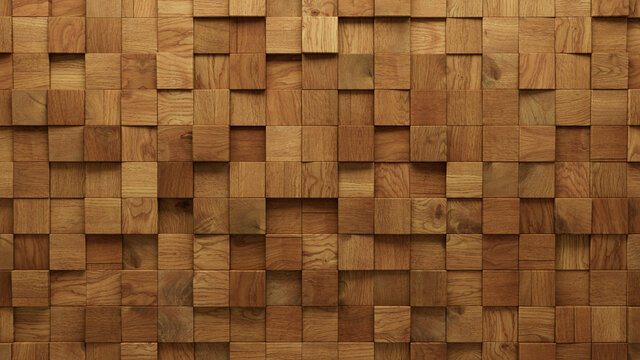 Wood Block Wall background. Mosaic Wallpaper with Light and Dark Timber Square tile pattern. 3D Render 