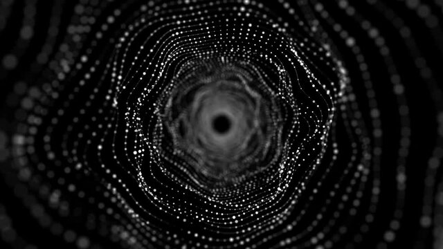 Cyber tunnel consisting of moving glowing points. Futuristic infinite space background. Concept of data transfer in cyberspace. Hi-tech illustration. 3d rendering.