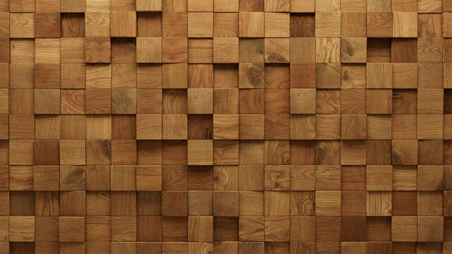 Wood Block Wall background. Mosaic Wallpaper with Light and Dark Timber Square tile pattern. 3D Render 