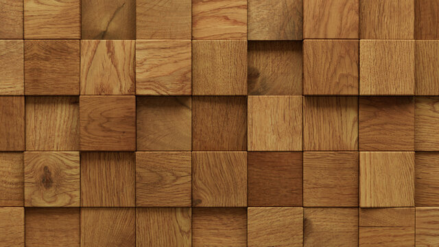 Wood Block Wall background. Mosaic Wallpaper with Light and Dark Timber Square tile pattern. 3D Render 
