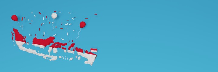 Map of Indonesia combined with flags for social media and website background covers, addition
balloons to celebrate national shopping day and national independence day in 3d rendering