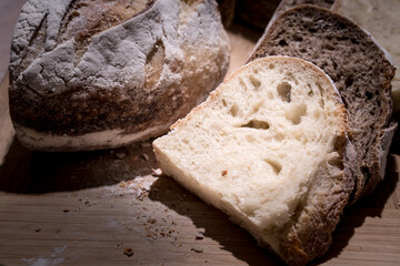 Homemade sourdough bread sliced ​​on a board