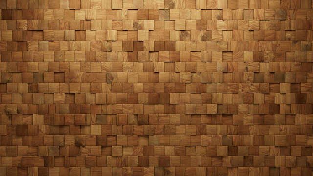 Wood Block Wall background. Mosaic Wallpaper with Light and Dark Timber Square tile pattern. 3D Render 
