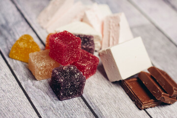 jujube colorful candy sweets meal snack wooden background