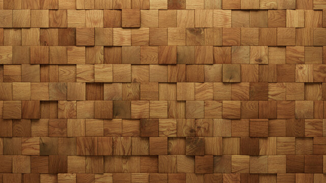 Wood Block Wall background. Mosaic Wallpaper with Light and Dark Timber Square tile pattern. 3D Render 