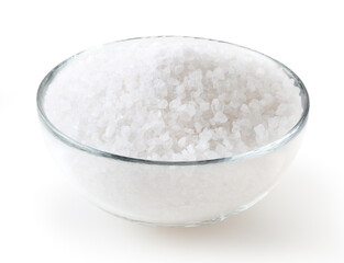 Sea salt in glass bowl isolated on white background with clipping path
