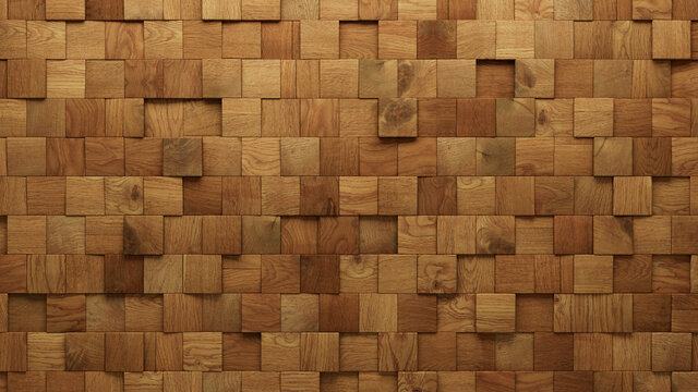 Wood Block Wall background. Mosaic Wallpaper with Light and Dark Timber Square tile pattern. 3D Render 