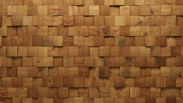 Wood Block Wall background. Mosaic Wallpaper with Light and Dark Timber Square tile pattern. 3D Render 