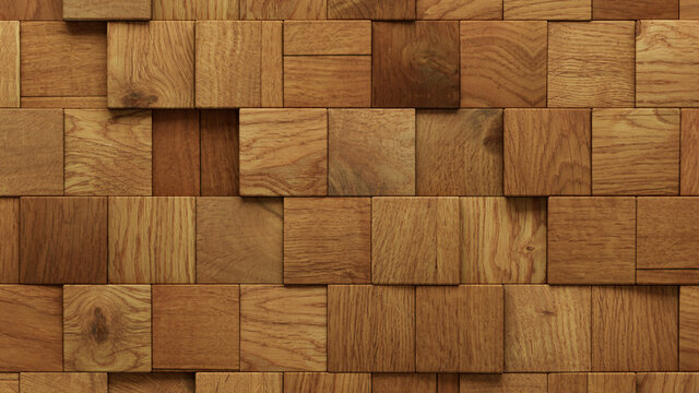 Wood Block Wall background. Mosaic Wallpaper with Light and Dark Timber Square tile pattern. 3D Render 