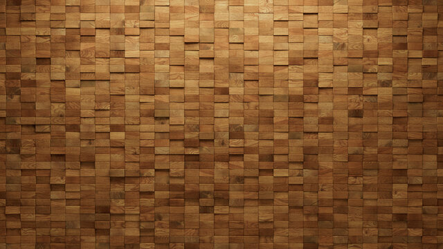 Wood Block Wall background. Mosaic Wallpaper with Light and Dark Timber Rectangle tile pattern. 3D Render 