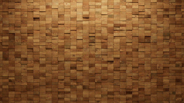 Wood Block Wall background. Mosaic Wallpaper with Light and Dark Timber Rectangle tile pattern. 3D Render 