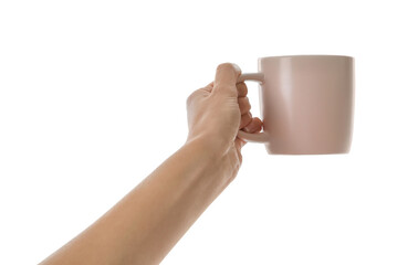 Woman holding elegant beige cup on white background, closeup