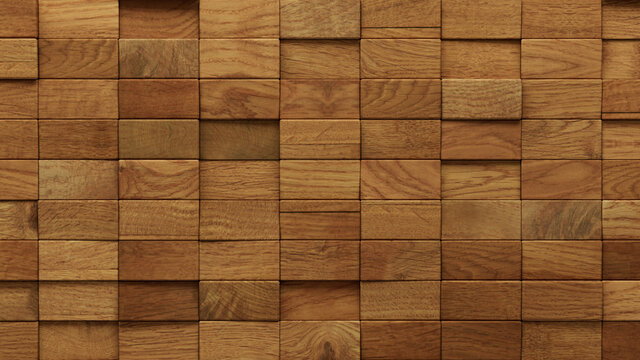 Wood Block Wall background. Mosaic Wallpaper with Light and Dark Timber Rectangle tile pattern. 3D Render 