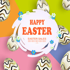 Easter composition with abstract round white frame, round egg frame with wavy pattern
