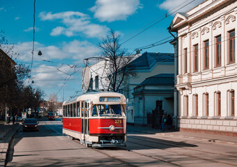 Vintage tram on the street in the historical city center. Moscow tram parade. 
