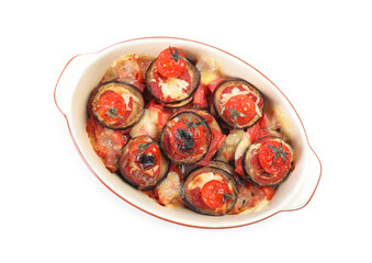 Baked eggplant with tomatoes and cheese in dishware isolated on white, top view