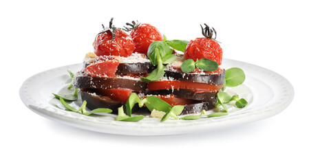 Baked eggplant with tomatoes, cheese and basil in plate isolated on white