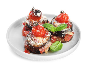 Baked eggplant with tomatoes, cheese and basil in plate isolated on white