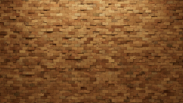 Wood Block Wall background. Mosaic Wallpaper with Light and Dark Timber Rectangle tile pattern. 3D Render 