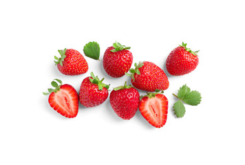 Delicious fresh red strawberries and green leaves on white background, top view
