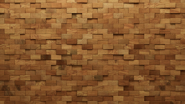 Wood Block Wall background. Mosaic Wallpaper with Light and Dark Timber Rectangle tile pattern. 3D Render 