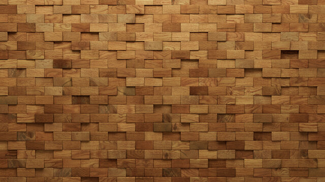 Wood Block Wall background. Mosaic Wallpaper with Light and Dark Timber Rectangle tile pattern. 3D Render 