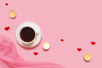 ladies pink background with coffee cup, red hearts and candles, top view