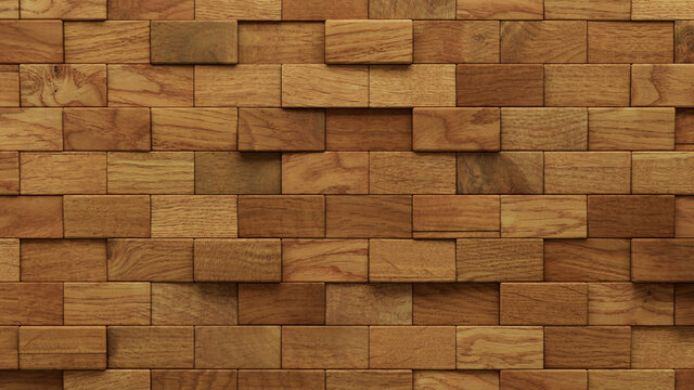 Wood Block Wall background. Mosaic Wallpaper with Light and Dark Timber Rectangle tile pattern. 3D Render 