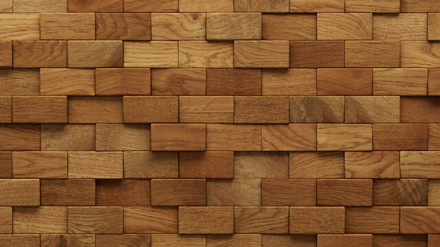 Wood Block Wall background. Mosaic Wallpaper with Light and Dark Timber Rectangle tile pattern. 3D Render 