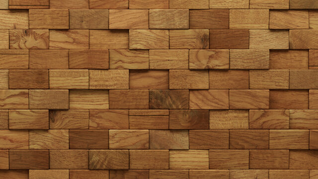 Wood Block Wall background. Mosaic Wallpaper with Light and Dark Timber Rectangle tile pattern. 3D Render 