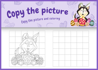 copy the picture kids game and coloring page themed easter with a cute husky dog using bunny ears headbands hugging eggs