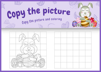 copy the picture kids game and coloring page themed easter with a cute rabbit using bunny ears headbands hugging eggs