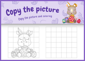 copy the picture kids game and coloring page themed easter with a cute rhino using bunny ears headbands hugging eggs