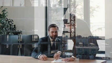 Welcome. Double exposure of business man and partner handshake against modern construction background. - Powered by Adobe