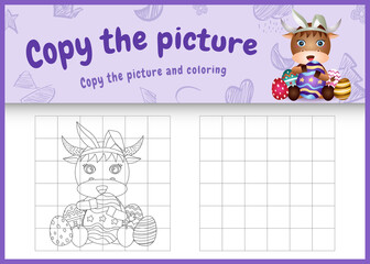 copy the picture kids game and coloring page themed easter with a cute buffalo using bunny ears headbands hugging eggs