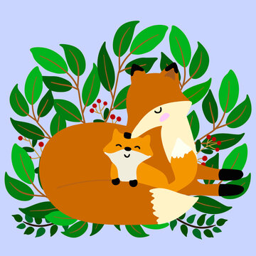 Fox family on blue background. Colorful vector illustration  in cartoon style.